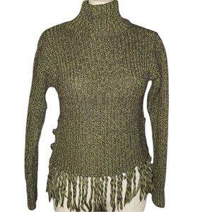 Vintage Boho Carducci Olive Green Fringe Turtleneck Knitted Crochet  Sweater Med